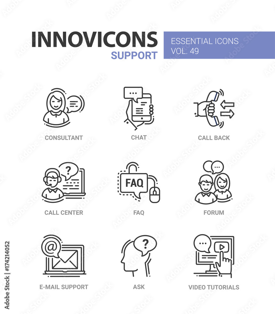 Technical Support - modern vector line design icons set.