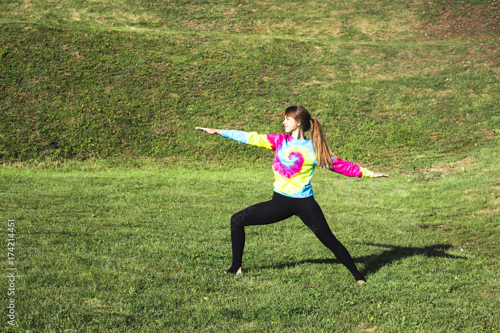 brown-haired girl doing yoga on the green lawn in the park brown-haired girl doing yoga on the green lawn in the park