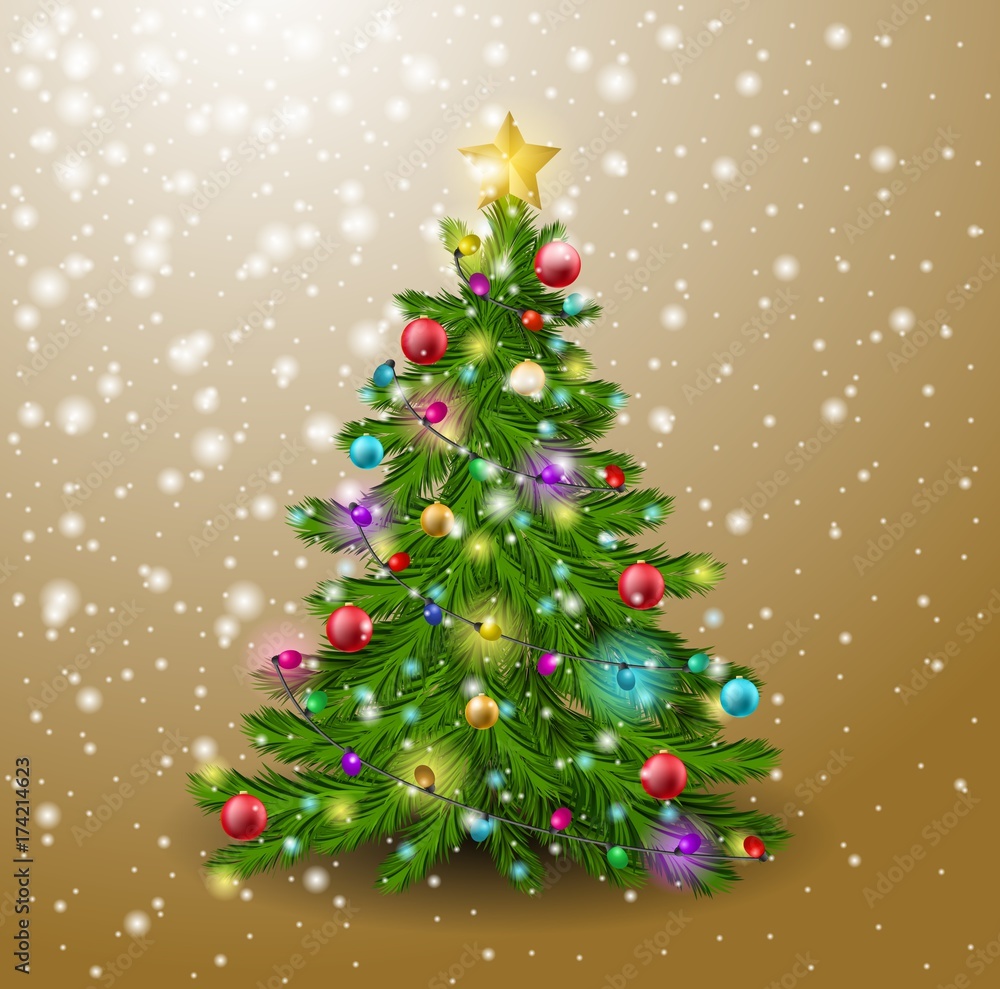 The Christmas tree is decorated with balls, a garland, snowfall and a golden star. Fir tree on golden backgroundVector illustration