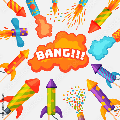 Slika na platnu Fireworks pyrotechnics rocket and flapper birthday party gift celebrate vector i