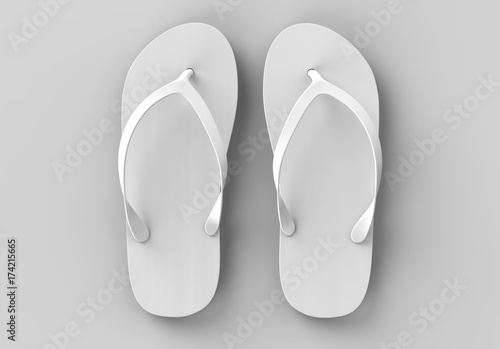 Pair of blank white beach slippers, design mock up, clipping path, 3d illustration. Home plain flip flops mock up template. Clear bath sandal display. Bed shoes.