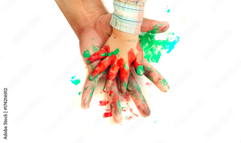 Fototapeta premium Hands painted in colorful paints on white background