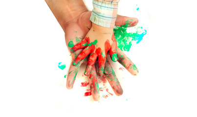 Hands painted in colorful paints on white background