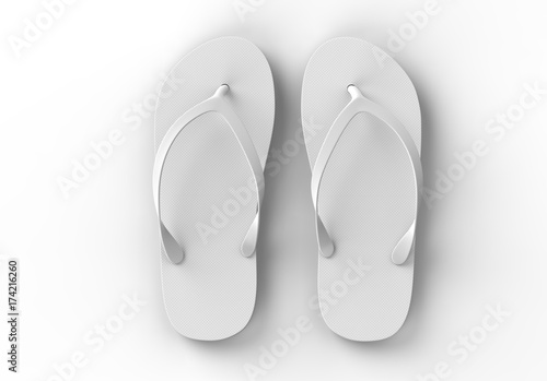 Pair of blank white beach slippers, design mock up, clipping path, 3d illustration. Home plain flip flops mock up template. Clear bath sandal display. Bed shoes. photo