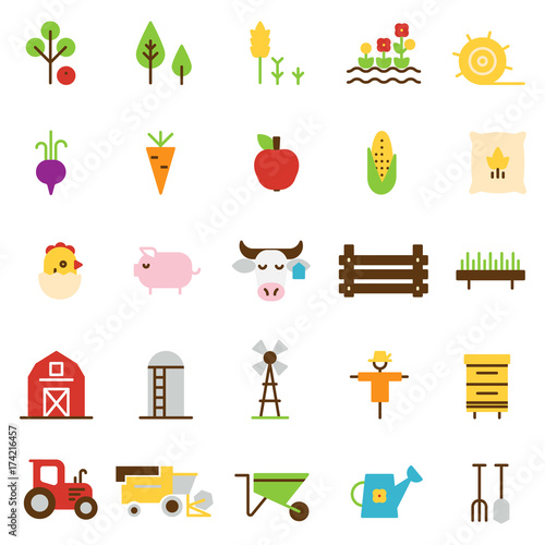 Farming and agriculture flat icons.