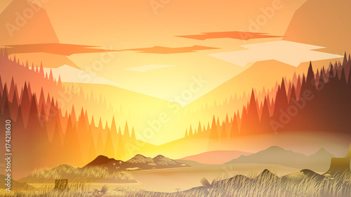 Abstract Mountain Lake  and Forest in the Morning - Vector Illustration