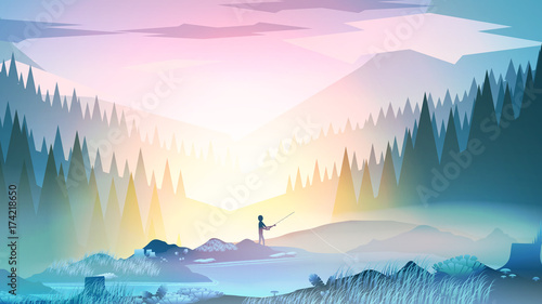 Fisherman with Rod, Fishing at Mountain Lake, Morning Landscape - Vector Illustration