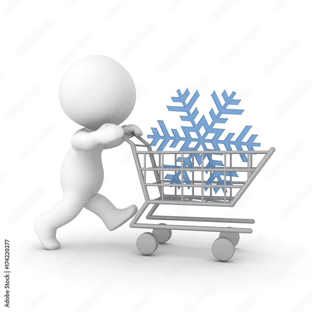 3D Character pushing a shopping cart with a snowflake 3D Character pushing a shopping cart with a snowflake