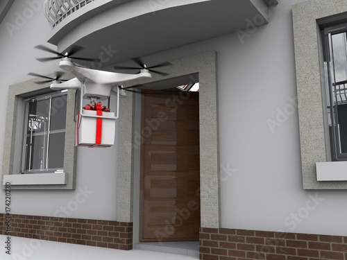 Wallpaper Mural 3D illustration of drone delivering a present in front of a house with the door open Torontodigital.ca