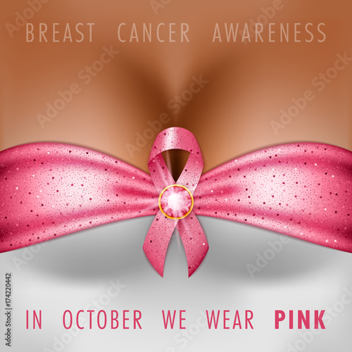 Breast cancer awareness month. Silk pink ribbon on the female bust. Vector Illustration