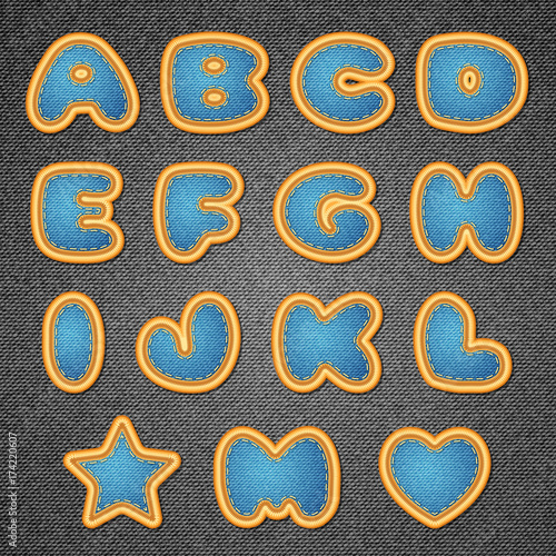 Embroidery patch alphabet on denim background. Vector illustration