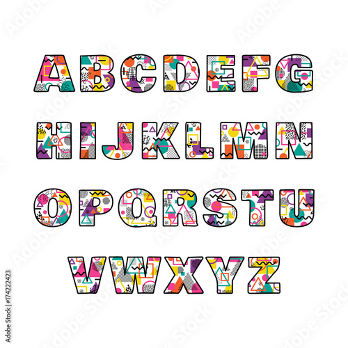 Uppercase alphabet in memphis style. Colorful decorative geometric font. Vector illustration.