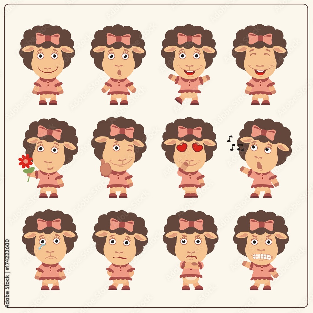 Collection emoticons of isolated girls sheep in cartoon style. Set of charming little sheep girl in various poses. Collection emoticons of isolated girls sheep in cartoon style. Set of charming little sheep girl in various poses.
