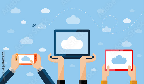 Cloud computing concept. Hands holding smartphone, computer laptop and tablet with cloud image on screen high against the sky.