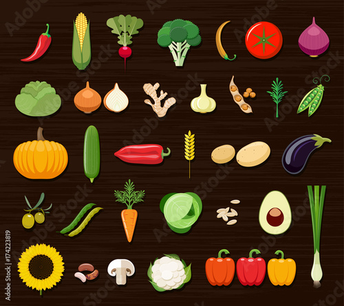 Set of different kinds of vegetables icons. Collection of flat design icons presenting different types of vegetables isolated on brown background. 
