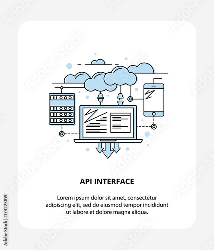 API Application Programming Interface with Laptop, Cloud Data and Mobile. Logo Style, API infographic symbol. 