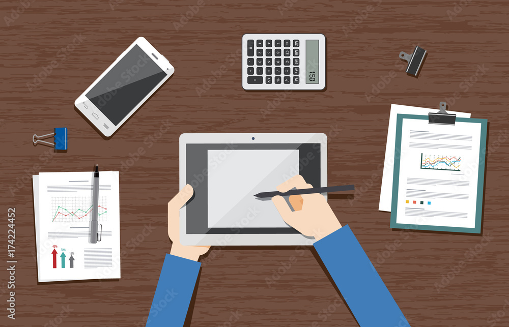 Office workplace from top view. Flat vector illustration of man using digital tablet. Office workplace from top view. Flat vector illustration of man using digital tablet.