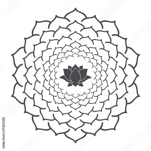 Mandala ornament with Lotus flower. Round template. Decorative element  can be used for greeting card, wedding invitation, yoga poster, coloring book.. Doodle emblem.
