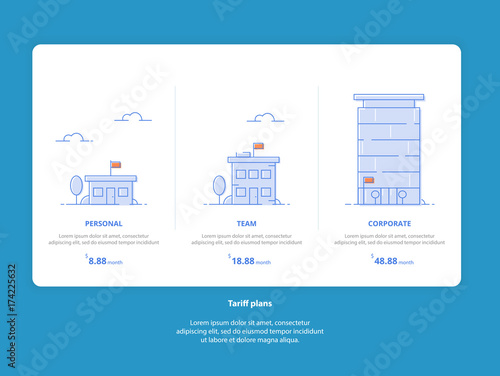 Set Web Tariffs: Personal, Team, Corporate. Interface for the site. UI UX vector banner for web app. Pastel pricing table, banner, list with tariff plan for website in flat design.