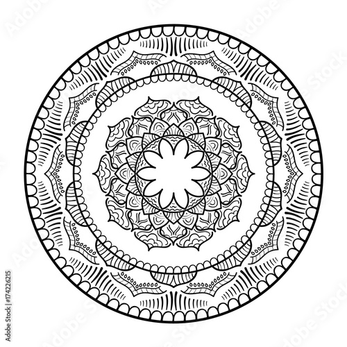 Mandala ornament. Round template. Decorative element  can be used for greeting card, wedding invitation, yoga poster, coloring book.. Doodle emblem.