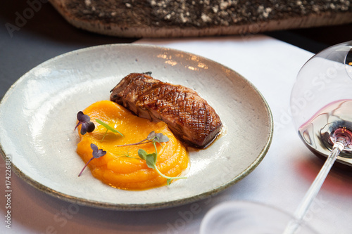 duck breast fillet with mashed potatoes spicy pumpkin