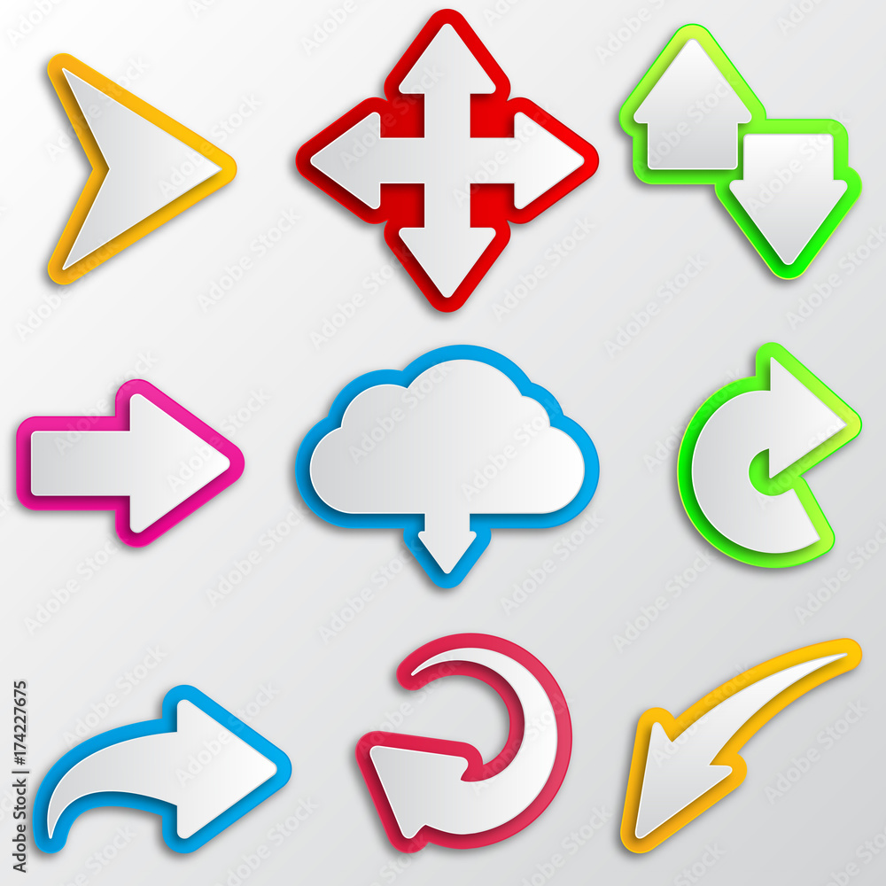A set of arrows and pointers. Multicolored arrows stickers. Vector illustration. A set of arrows and pointers. Multicolored arrows stickers. Vector illustration.
