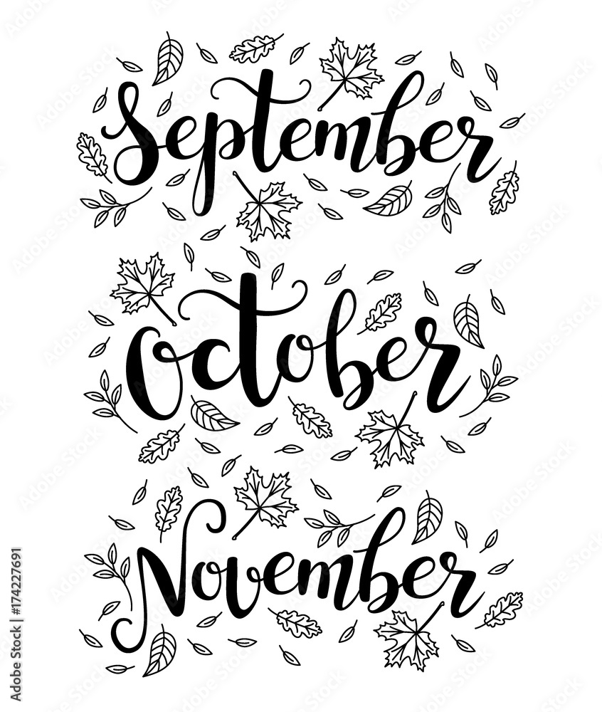 Cute brush calligraphy of autumn months of the year Cute brush calligraphy of autumn months of the year