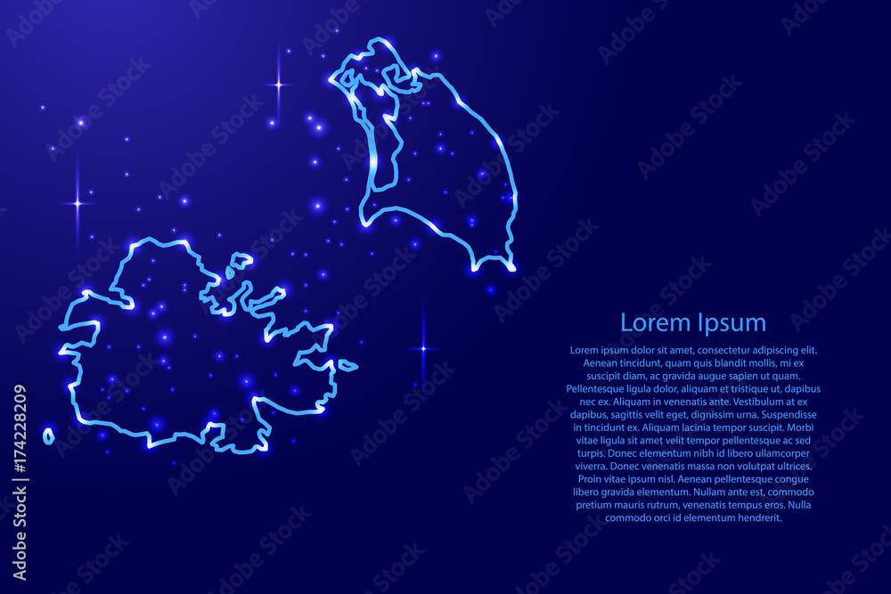 Map Antigua Barbuda from the contours network blue, luminous space stars of vector illustration