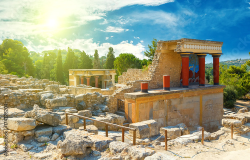 The North Entrance of the Palace with charging bull fresco in Knossos at Crete, Greece photo