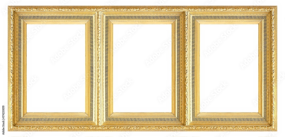 Fototapeta premium Golden frame of three parts (triptych) on a white background for paintings, mirrors or photos