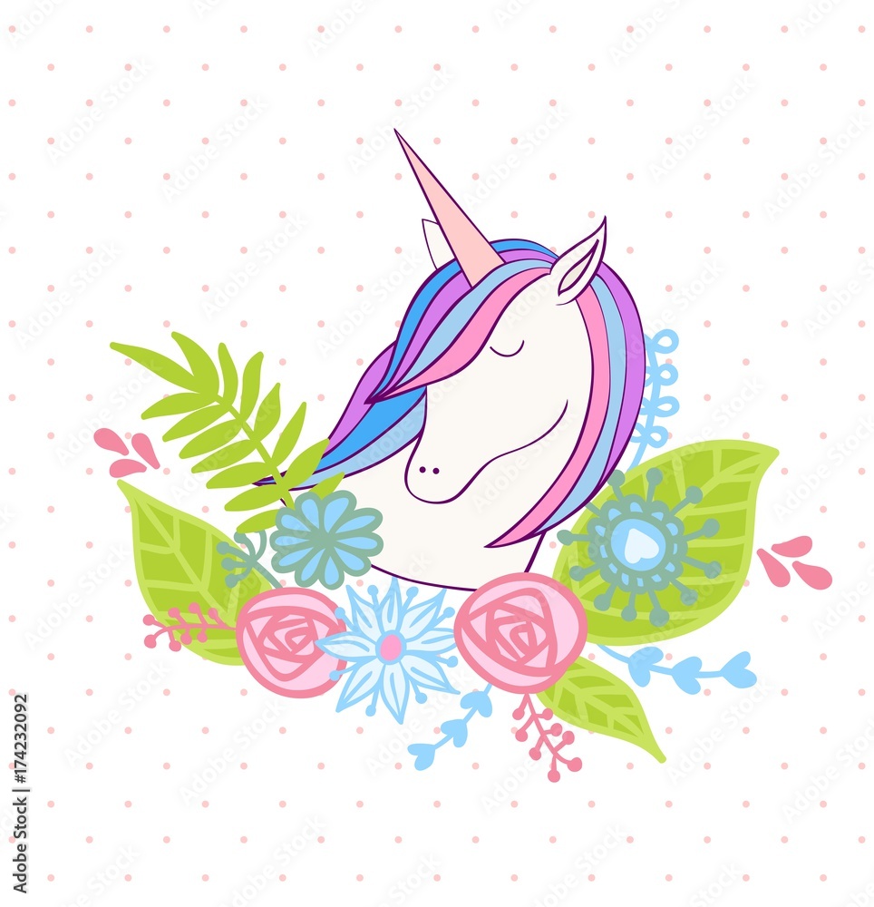 Magic cute unicorn with flowers. Vector greeting card. Magic cute unicorn with flowers. Vector greeting card.