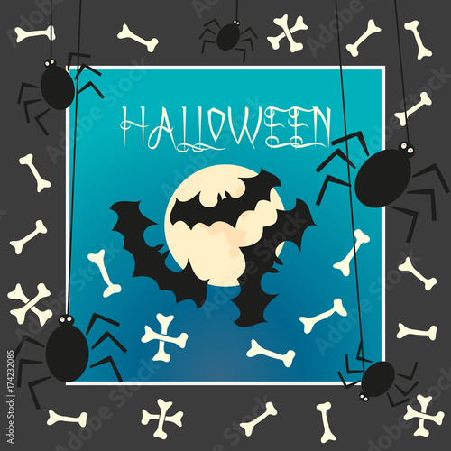 Halloween card with bat, moon, spider.