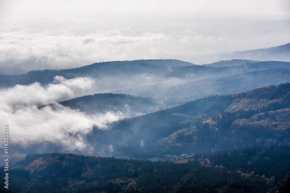 Fototapeta premium Landscape of beautiful black forest, Germany. Silhouette of hills close to Alsace, France.