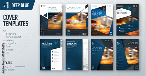 Set of business cover design template in dark blue color for brochure, report, catalog, magazine or booklet. Creative vector background concept
