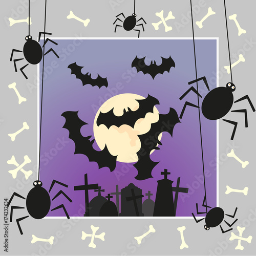 Halloween party card with bat, moon, spider.
