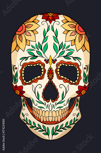 Color  illustration of a sugar skull. The Feast of the Day of the Dead. Vector element for your creativity