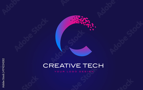 C Initial Letter Logo Design with Digital Pixels in Blue Purple Colors.