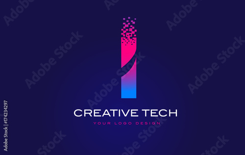 I Initial Letter Logo Design with Digital Pixels in Blue Purple Colors.