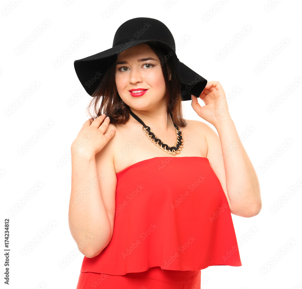 Beautiful stylish overweight woman on white background Beautiful stylish overweight woman on white background