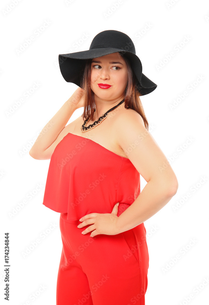 Beautiful stylish overweight woman on white background Beautiful stylish overweight woman on white background