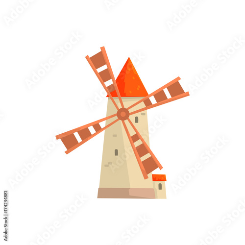 Traditional European stone windmill, medieval building cartoon vector Illustration