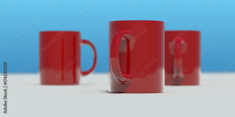 3d illustration of red mugs 3d illustration of red mugs