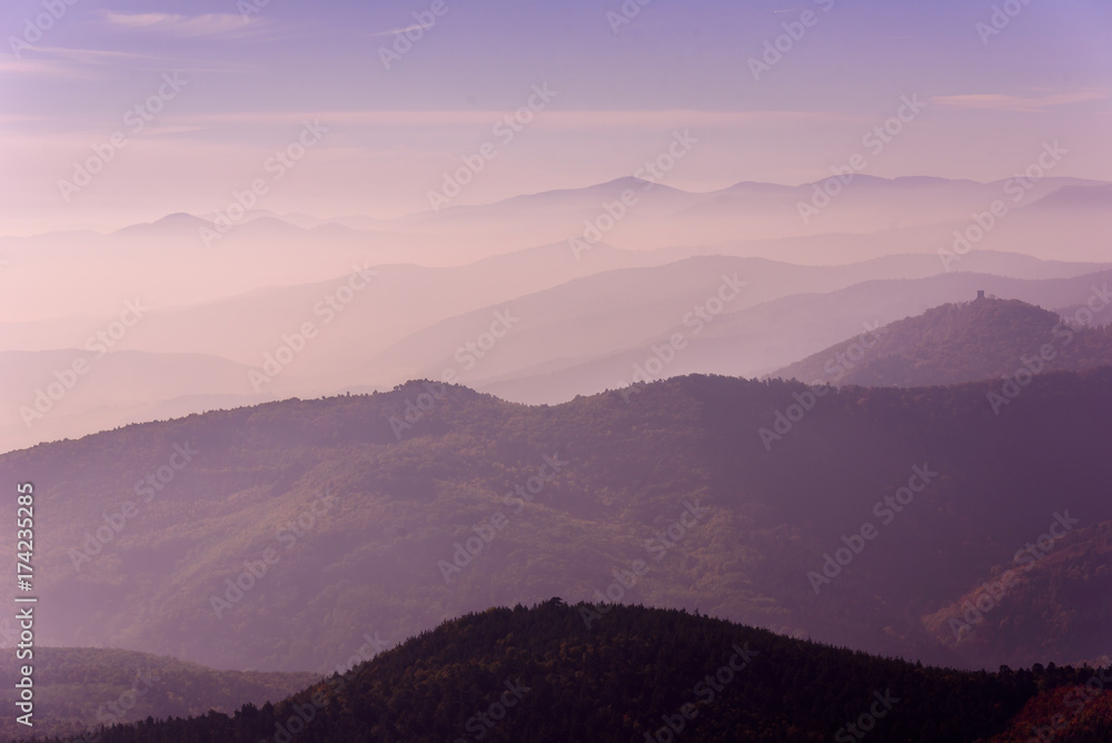 Landscape of beautiful black forest, Germany. Silhouette of hills close to Alsace, France.