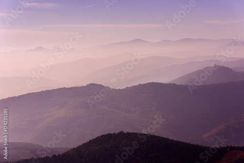 Landscape of beautiful black forest, Germany. Silhouette of hills close to Alsace, France.