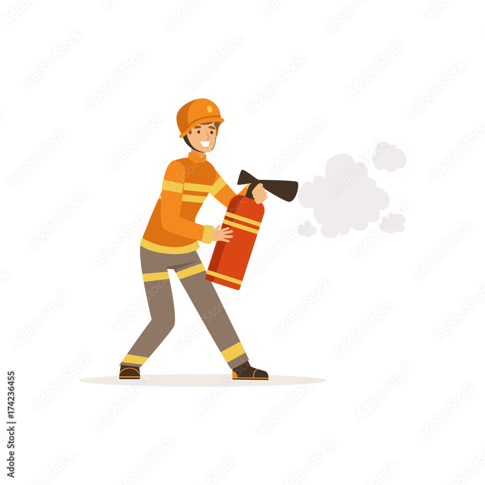 Fireman character in uniform and protective helmet spraying foam from a fire extinguisher, firefighter at work vector illustration