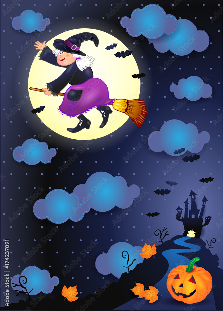 Halloween night with old witch, castle and pumpkin Halloween night with old witch, castle and pumpkin