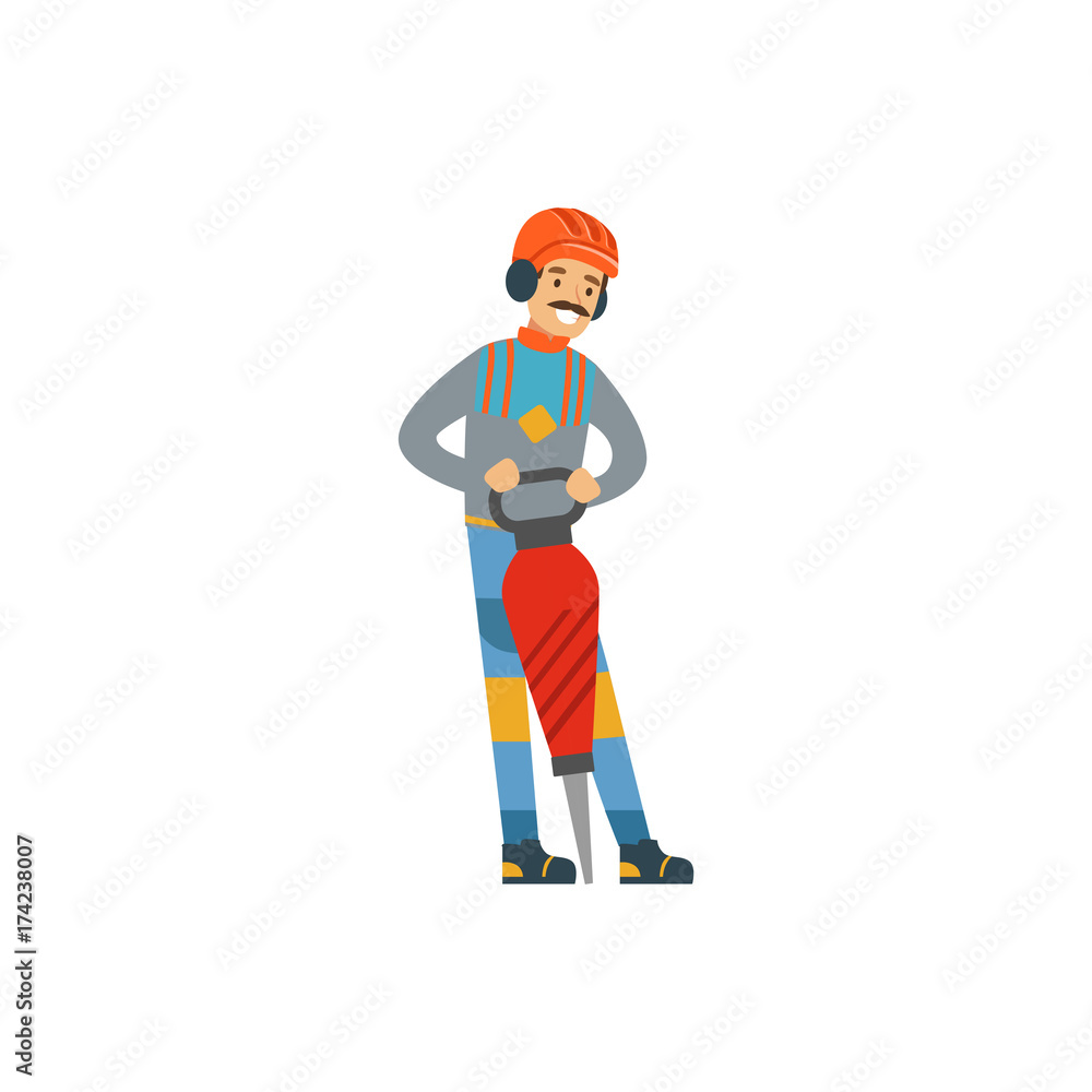 Male miner in uniform working at the coal mine with jackhammer, professional miner at work, coal mining industry vector Illustration Male miner in uniform working at the coal mine with jackhammer, professional miner at work, coal mining industry vector Illustration