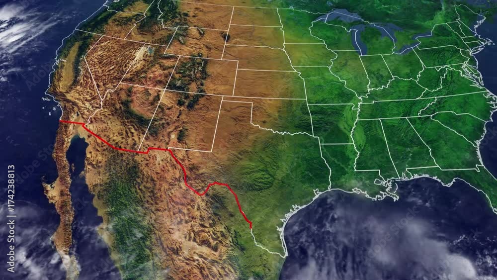 Cartina Stati Uniti e confine con Messico, cartina fisica degli Usa, cartina con rilievi e montagne dell’America del Nord con il muro che divide il confine statunitense dal Messico