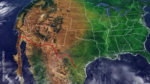 Cartina Stati Uniti e confine con Messico, cartina fisica degli Usa, cartina con rilievi e montagne dell’America del Nord con il muro che divide il confine statunitense dal Messico photo