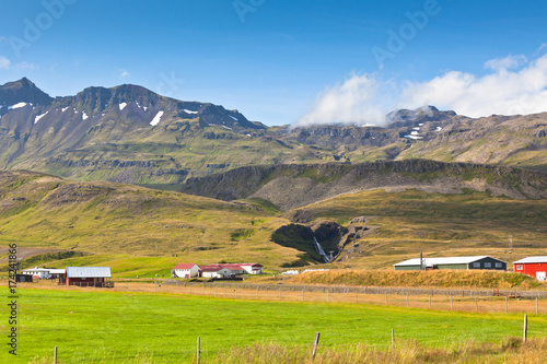 Mountains landscape with Icelandic Houses